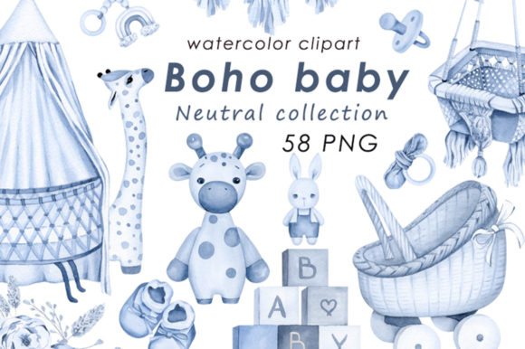 Download Baby Boy Boho Blue Watercolor Clipart - Blue Collection