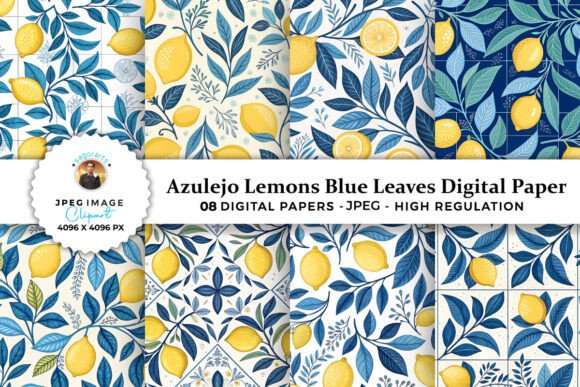 Download Azulejo Lemons Blue Leaves Digital Paper - Blue Collection